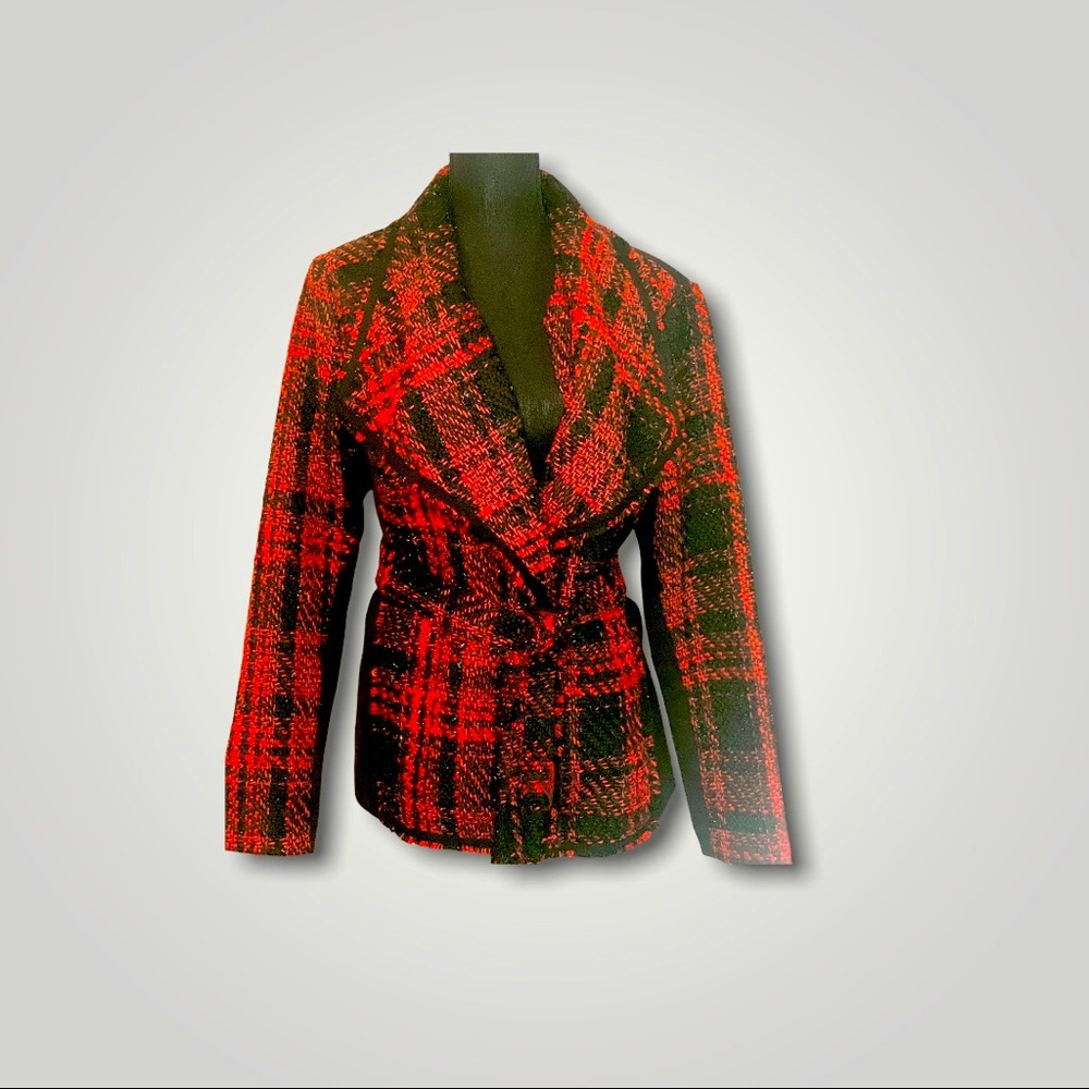 Lane Bryant Red and Black Tweed/Plaid Open Front Blazer w/ belt Sz 14/16